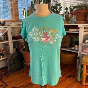 Kismet Yoga Wear Organic Cotton Turquoise Cap Sleeve Yoga Tee with Lakshmi Image